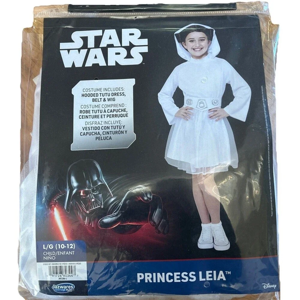 Star Wars Princess Leia Costume Girls Large 10-12 Jazwares Hooded Tutu Dress Wig